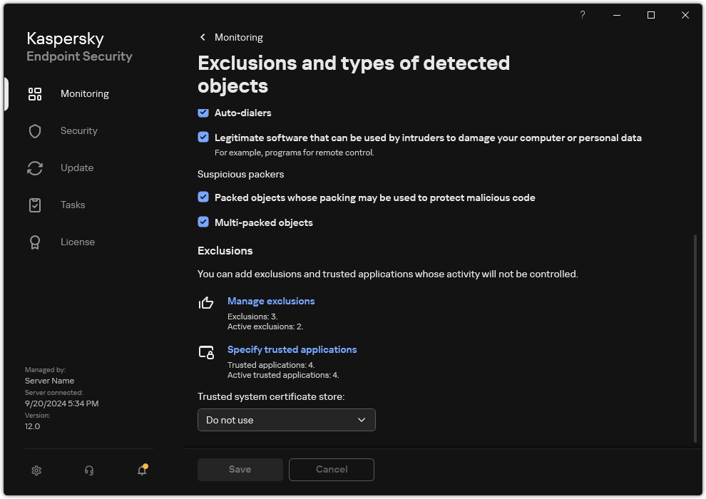 Exclusion settings window. The user can add exclusions and trusted applications.