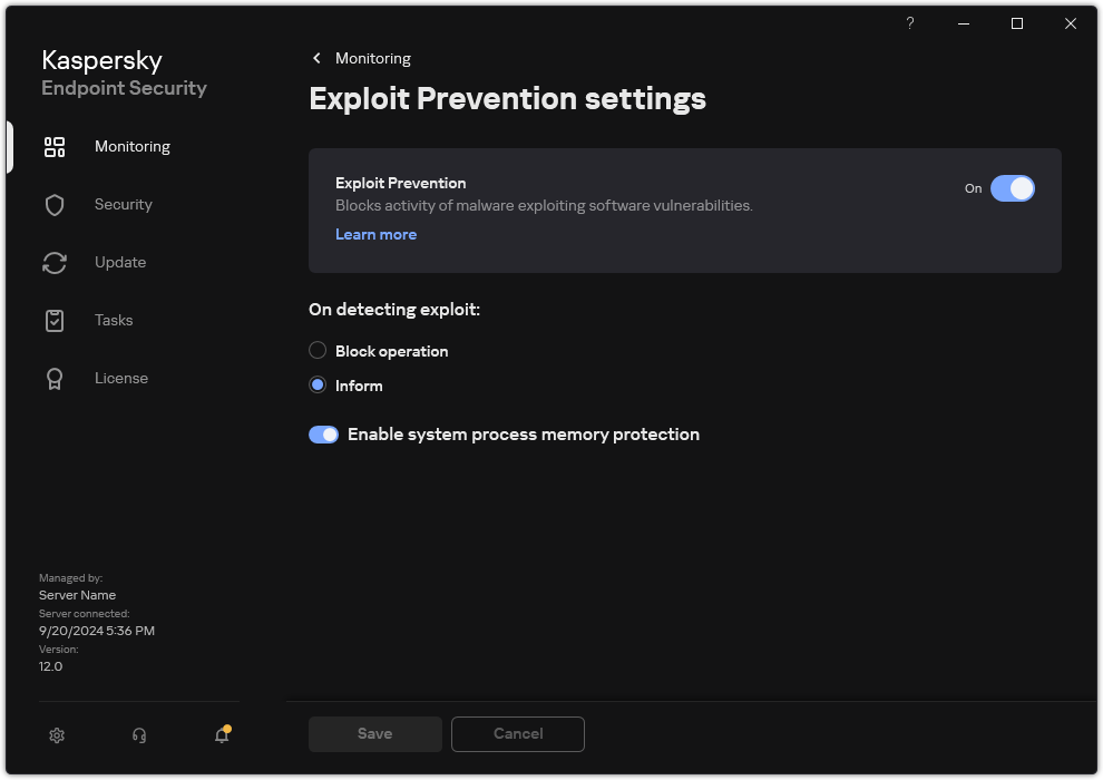 Exploit Prevention settings window