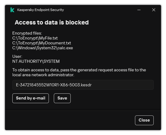 A window with a request file to access encrypted data. The user can save the generated file to disk or send it by email.