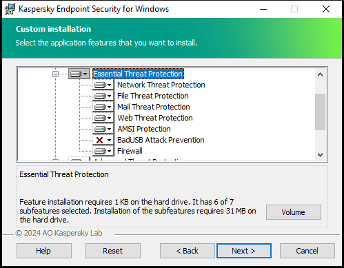 Installer window with a list of components that a user can select.