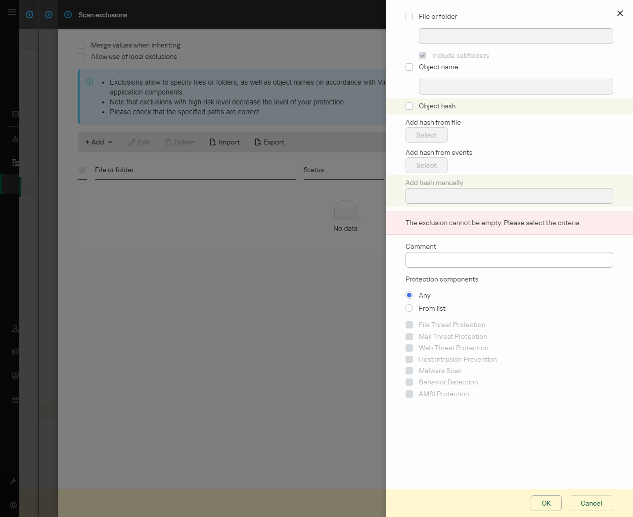 A window with exclusion selection tools. The user can select file or folder, enter an object name or hash.