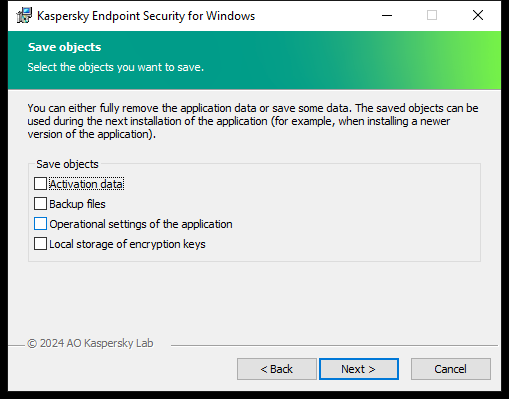 Installer window with a list of objects that can be saved after removing the application.