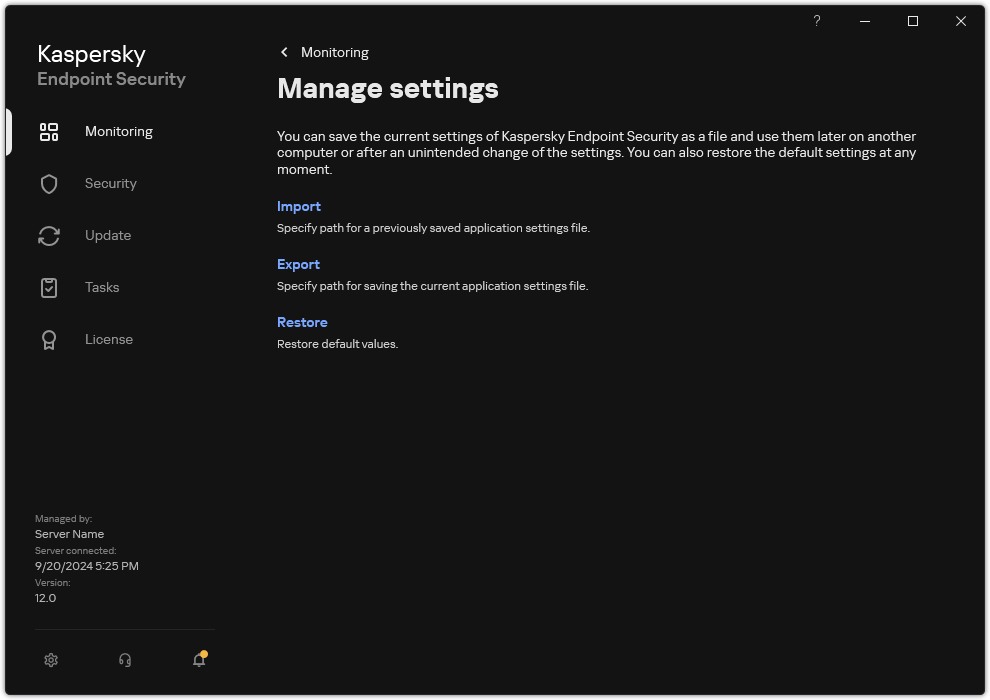 Exclusion settings window. The user can export, import or restore application settings.