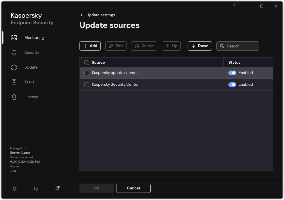 A window with the list of update sources. The user can add update sources and assign a priority to the source.