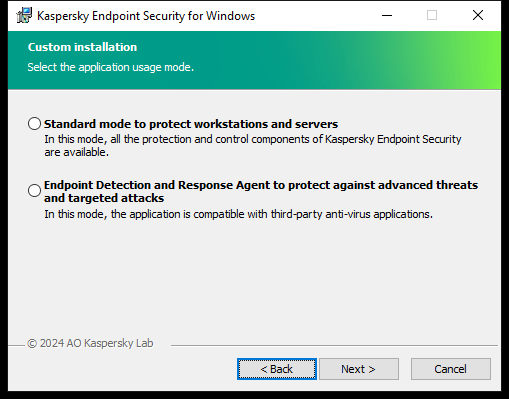 Installer window with configuration of the application: full functionality or Endpoint Detection and Response Agent.