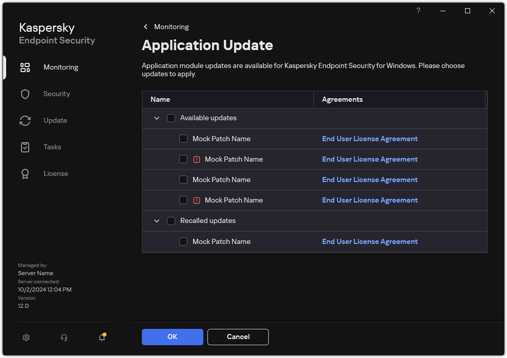 Window with a list of available patches. The user can select patches and accept the terms and conditions of agreements.