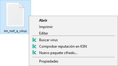 Menú contextual Archivo con elementos de Kaspersky: análisis antimalware, comprobación de reputación en KSN, creación de un archivo cifrado.