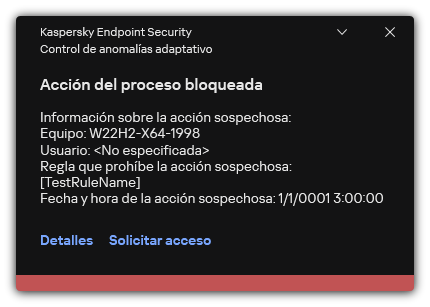 Notificación sobre la activación de una regla. El usuario puede crear una solicitud para permitir una acción de proceso.