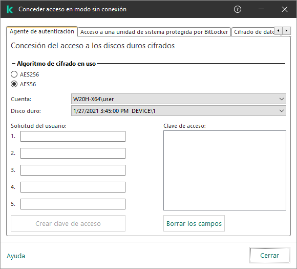 Una ventana con campos para introducir el contenido de la solicitud del usuario y un campo para la clave generada para acceder al disco cifrado.