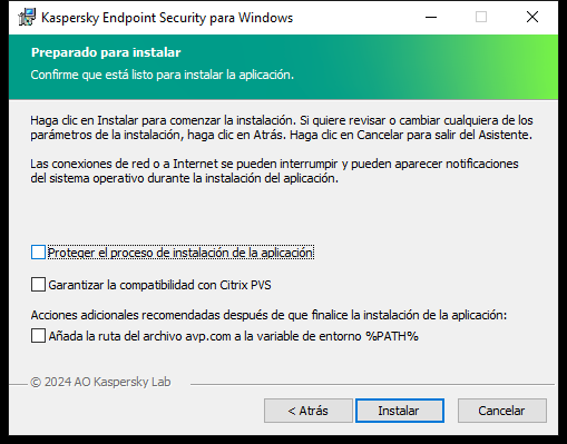 Ventana de configuración de la instalación: protección de la instalación, compatibilidad con Citrix PVS, variable del sistema para avp.com.