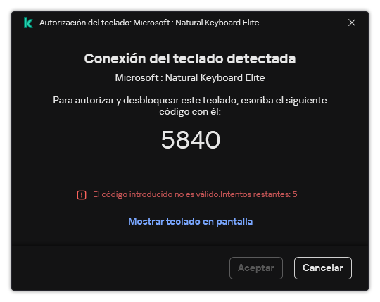 La ventana con el código de autorización del teclado. El usuario puede activar el teclado en pantalla e introducir el código.