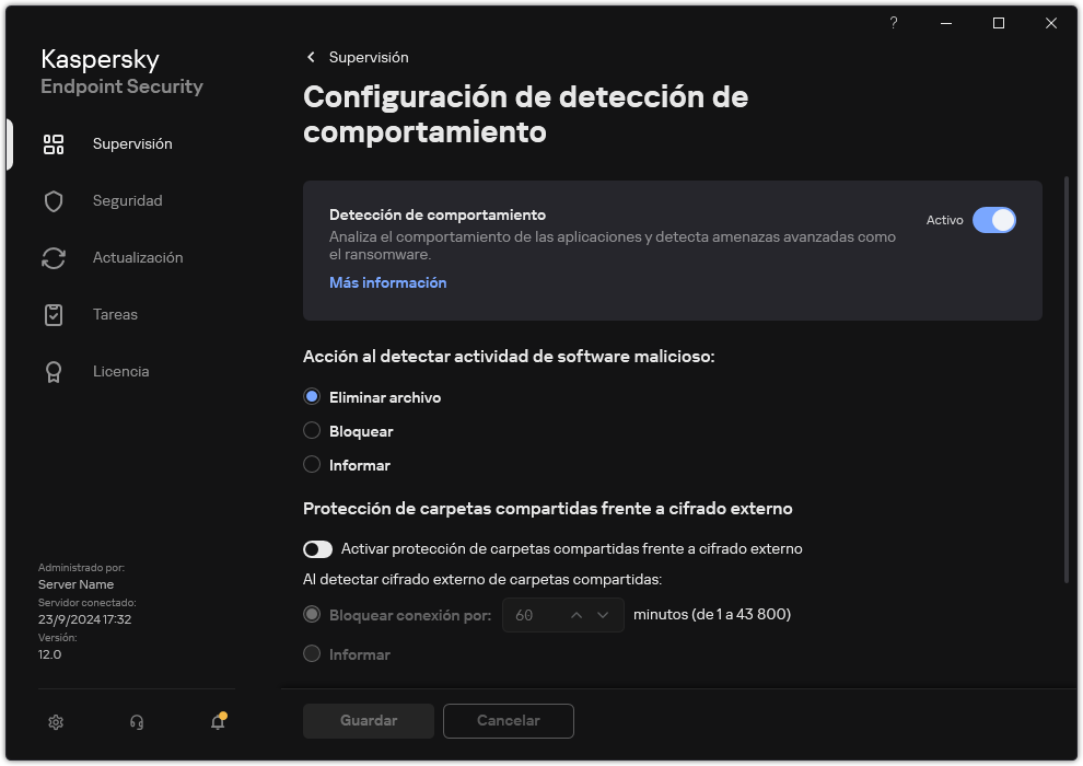 Ventana Configuración de detección de comportamiento.