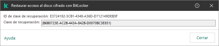 Una ventana con la clave para restaurar el acceso a la unidad no del sistema cifrada.