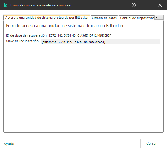 Una ventana con la clave para restaurar el acceso a la unidad del sistema cifrada.