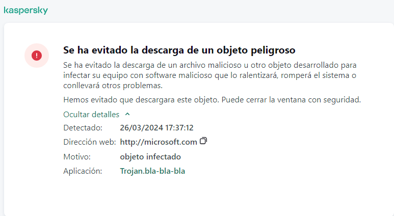 Notificación de Kaspersky sobre cómo evitar que un objeto malicioso se cargue en la ventana del navegador.