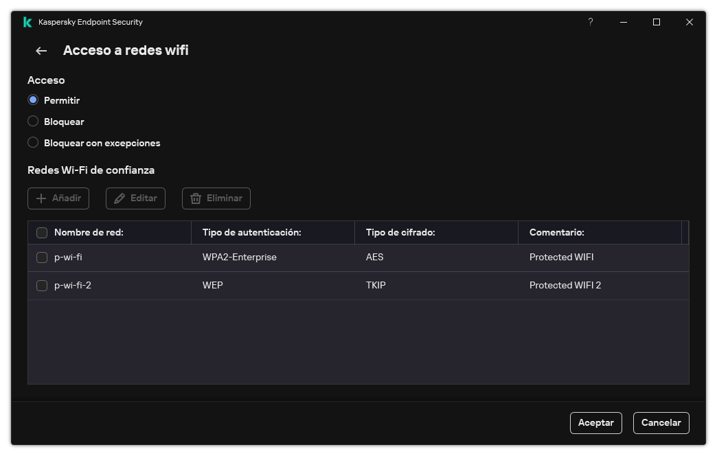 Ventana con la lista de redes wifi. El usuario puede configurar el acceso a todas las redes wifi y agregar redes wifi de confianza.