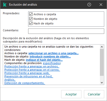 Una ventana con herramientas de selección de exclusión. El usuario puede seleccionar un archivo o carpeta, introducir un nombre de objeto o hash.