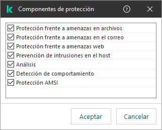 Una ventana con la lista de componentes de la aplicación. La exclusión se aplica únicamente a la operación de los componentes seleccionados.