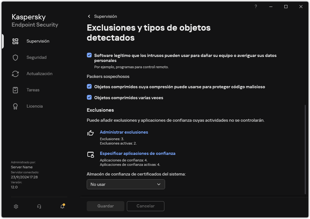 Ventana de configuración de exclusiones. El usuario puede añadir exclusiones y aplicaciones de confianza.