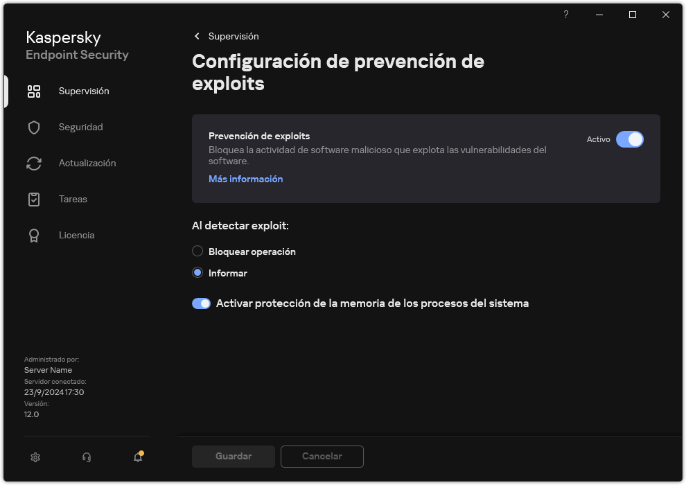 Ventana Configuración de Prevención de exploits