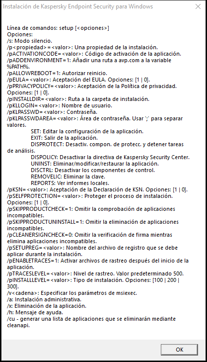 Ventana de información sobre la herramienta que describe las opciones de comando para instalar la aplicación a través de CMD.