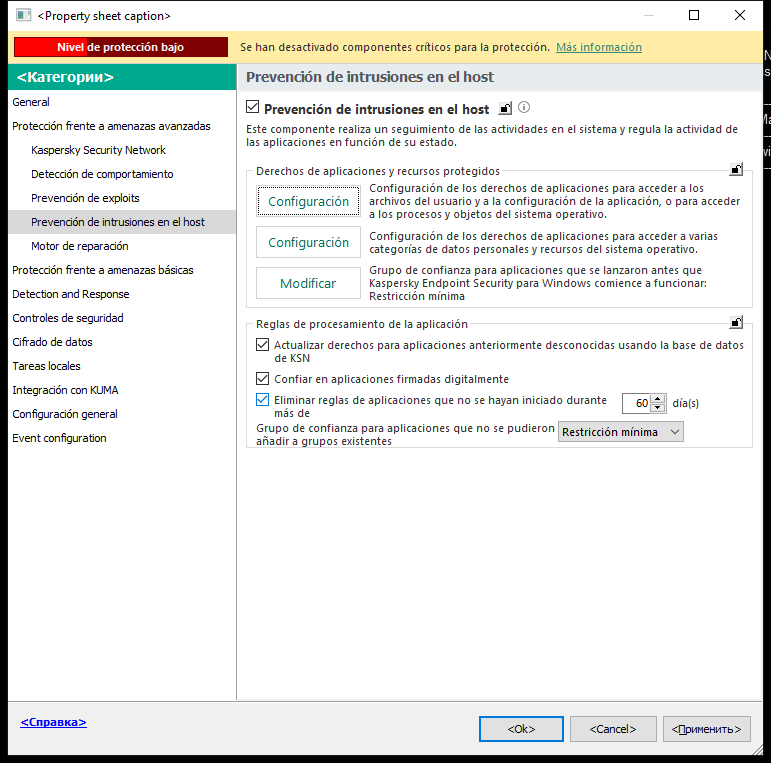 Ventana Configuración de Prevención de intrusiones.