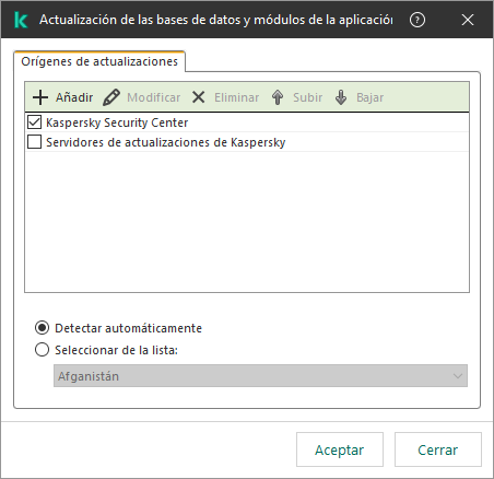 Una ventana con la lista de fuentes de actualización. El usuario puede agregar fuentes de actualización y asignar una prioridad a la fuente.