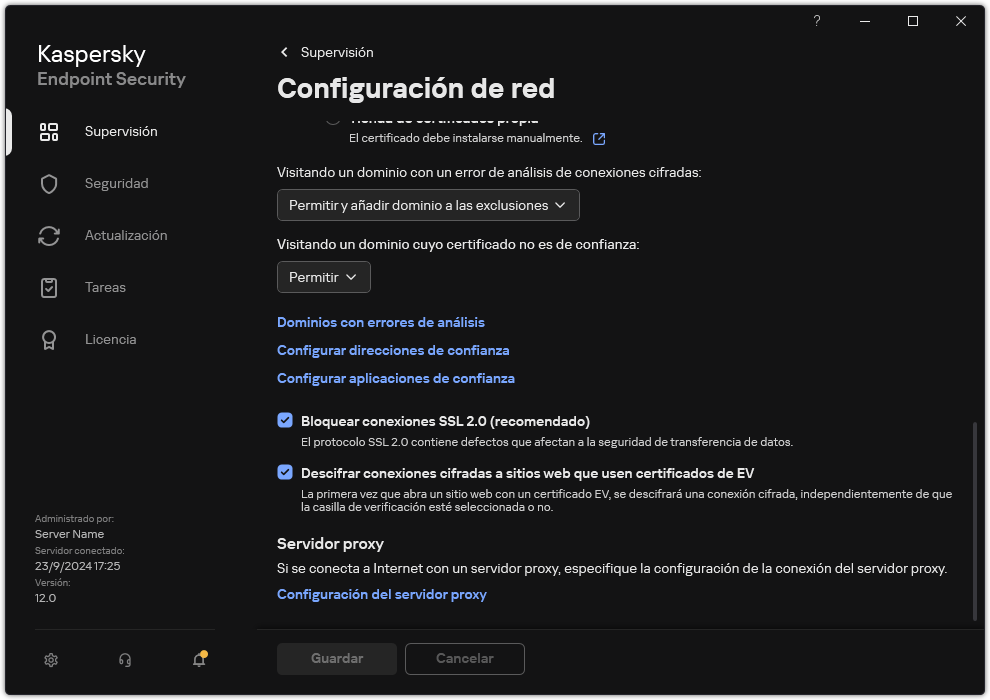 Ventana de configuración de red de la aplicación.