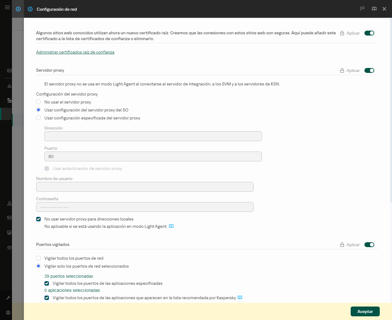 Ventana de configuración de red de la aplicación. El usuario puede configurar los ajustes del servidor proxy.