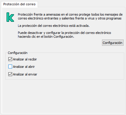 Extensión de Kaspersky para la ventana de Outlook. El usuario puede configurar los mensajes para que se analicen al recibirlos, leerlos o enviarlos.