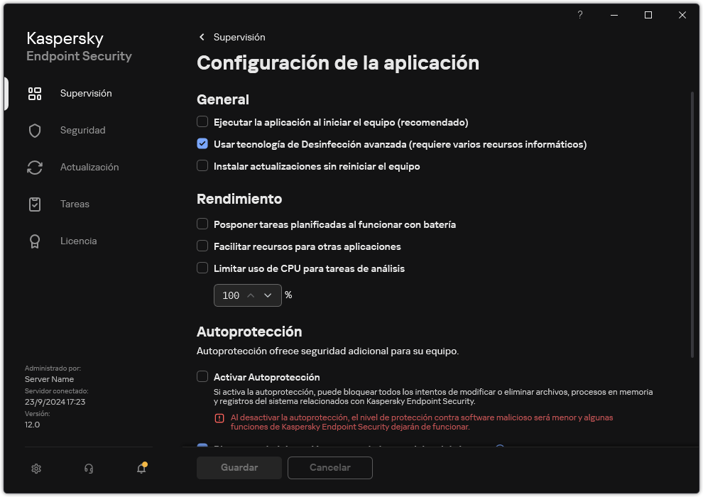 Ventana Configuración de la aplicación. El usuario puede configurar el rendimiento, la autodefensa y otros ajustes.