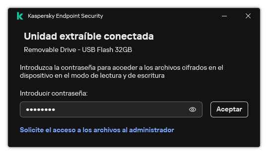 La ventana contiene un campo para introducir la contraseña. El usuario puede crear una solicitud de acceso al archivo.