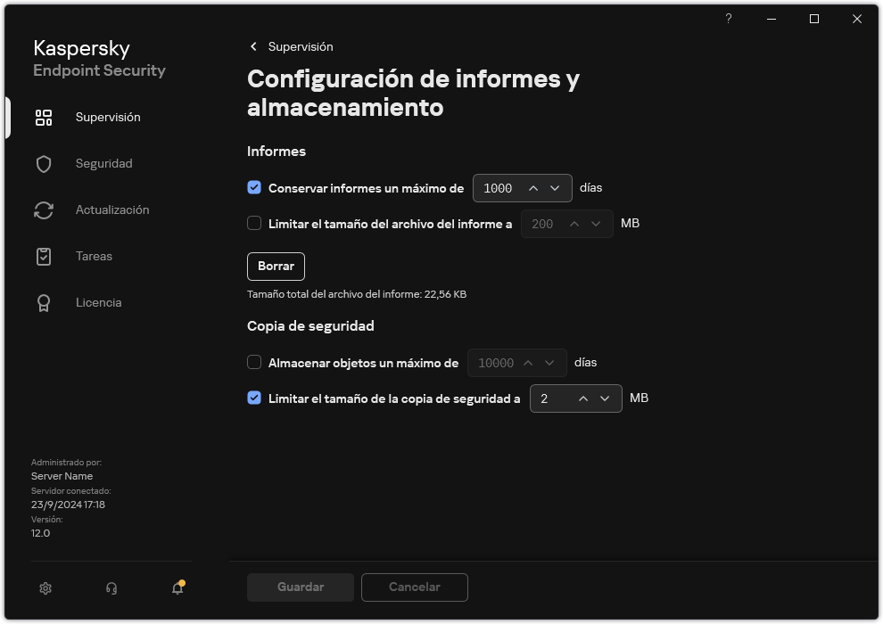 Ventana de configuración de informes y almacenamiento. El usuario puede establecer el tamaño y limitar el tiempo de almacenamiento de informes y objetos en el repositorio.