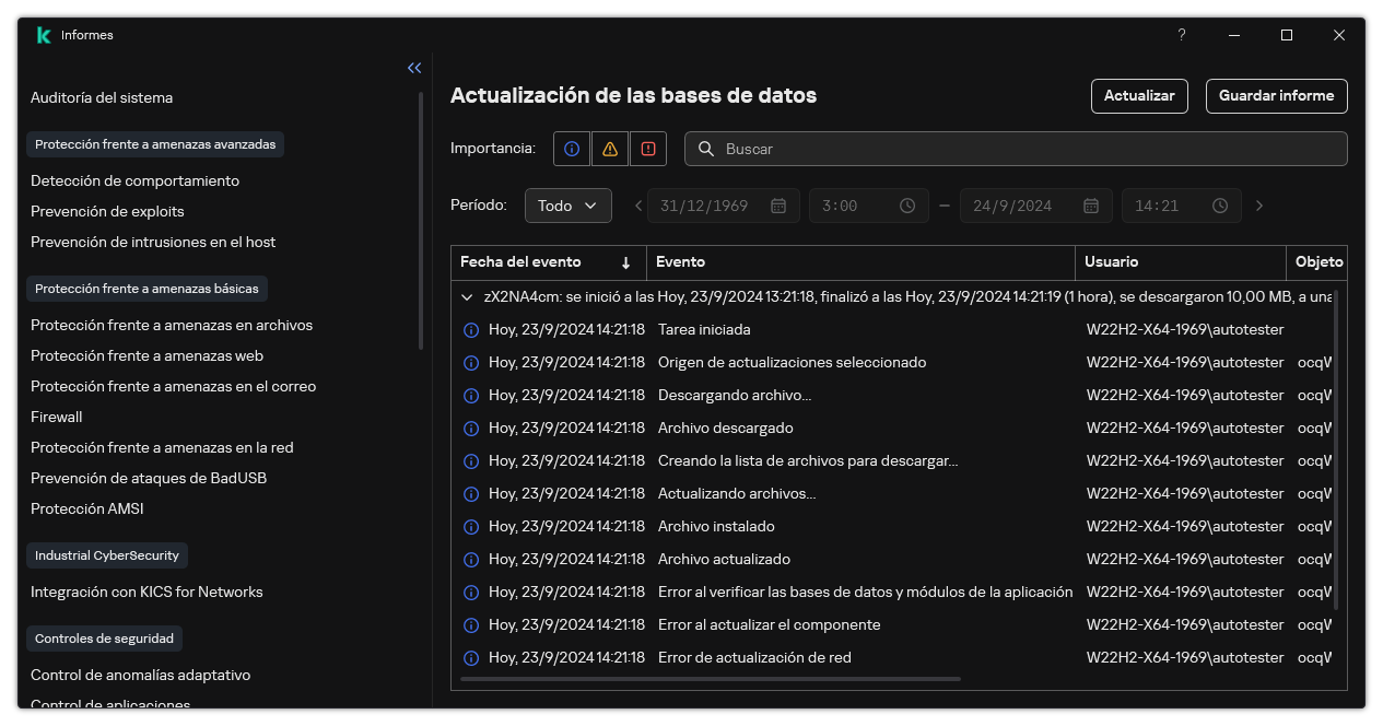 Una ventana con la lista de eventos del informe. El usuario puede filtrar/ordenar eventos y guardar informes en un archivo.