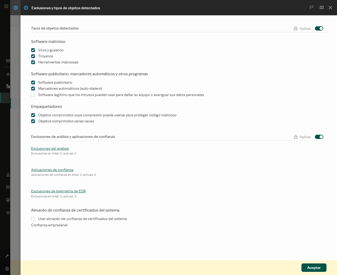 Ventana de configuración de exclusiones. El usuario puede añadir exclusiones y aplicaciones de confianza.