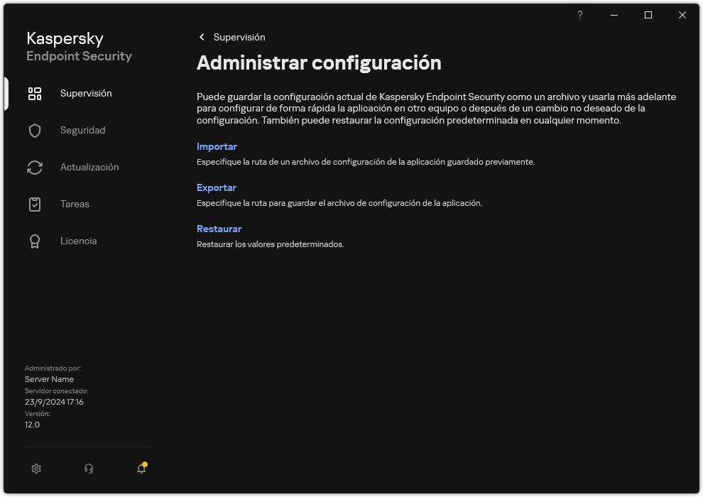 Ventana de configuración de exclusiones. El usuario puede exportar, importar o restaurar la configuración de la aplicación.