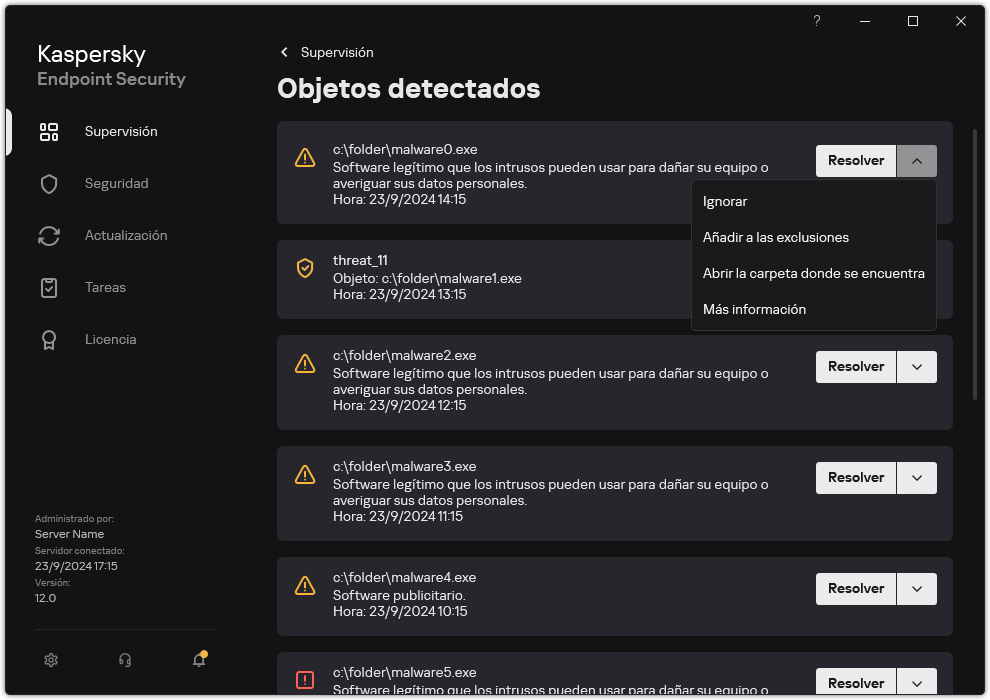 Una ventana con la lista de objetos detectados. Aparece información sobre el objeto. El usuario puede resolver o eliminar el objeto.