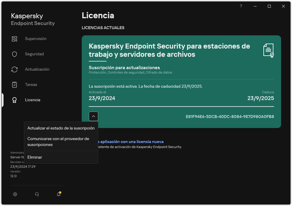 La ventana con información acerca de la licencia. El usuario puede actualizar el estado de la suscripción, ponerse en contacto con el proveedor de la suscripción o eliminar la licencia.