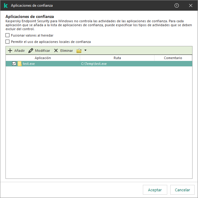 Una ventana con la lista de aplicaciones de confianza. El usuario puede agregar, editar o eliminar una aplicación de confianza.