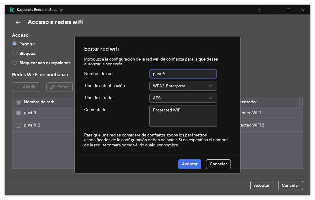 La ventana contiene la configuración de la red wifi de confianza.