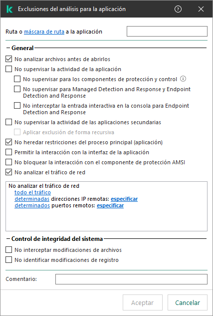 Una ventana con un campo para introducir la ruta a un archivo o carpeta. Se pueden usar máscaras.