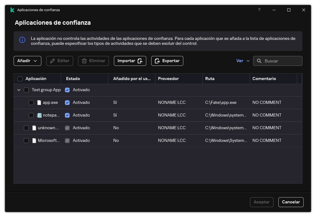 Una ventana con la lista de aplicaciones de confianza. El usuario puede agregar, editar o eliminar una aplicación de confianza.