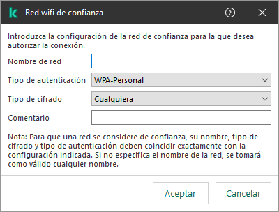 La ventana contiene la configuración de la red wifi de confianza.