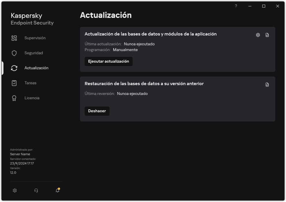 Una ventana con la lista de tareas de actualización locales. El usuario puede iniciar la actualización de bases de datos y módulos de aplicación, así como revertir la última actualización.