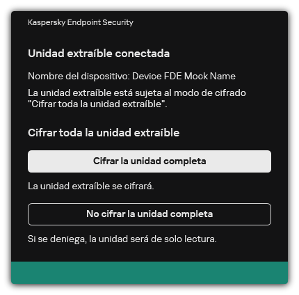 Notificación sobre una unidad conectada con el cifrado de archivos activado. El usuario puede cifrar archivos o rechazar.