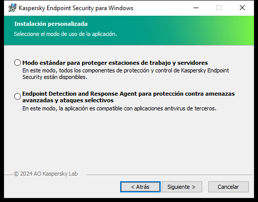 Ventana del instalador con la configuración de la aplicación: funcionalidad completa o Endpoint Detection and Response Agent.