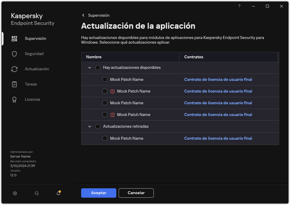 Ventana con una lista de parches disponibles. El usuario puede seleccionar parches y aceptar los términos y condiciones de los contratos.