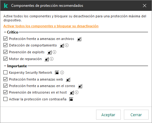 Ventana para activar los componentes de protección recomendados. Puede activar todos los componentes de protección y evitar que se desactiven.