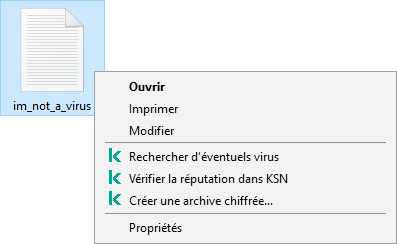 Menu contextuel du fichier avec les éléments de Kaspersky : analyse des programmes malveillants, vérification de la réputation dans KSN, création d'une archive chiffrée.