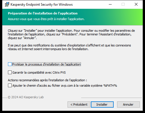 La fenêtre des paramètres d'installation : protection de l'installation, compatibilité avec Citrix PVS, variables du système pour avp.com.